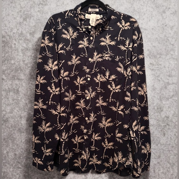 H&M Men’s Casual Hawaiian Island Style Dress Shirt Black/Tan Size XL Reg - Picture 1 of 8